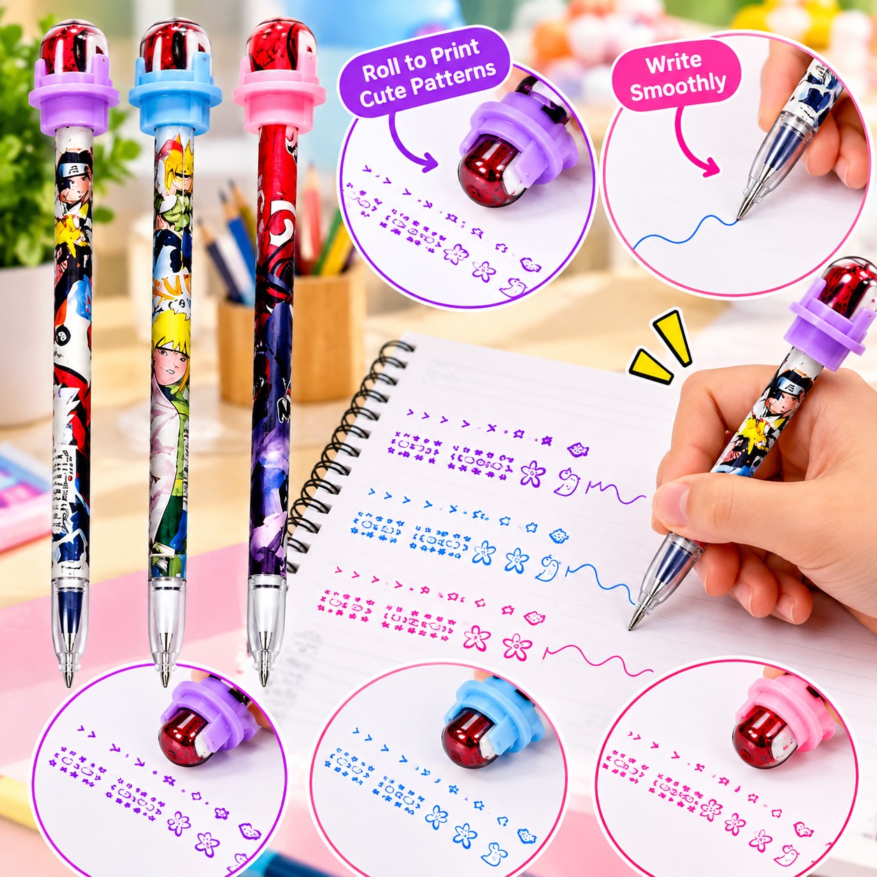Roller Stamp Gel Pen for Kids, Creative Pattern Printing, DIY Journal and Scrapbook, School Stationery