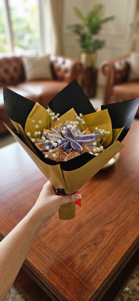 Round Money bouquet with flowers 